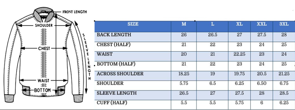 Motorcycle Leather Jacket with Armor Size Chart