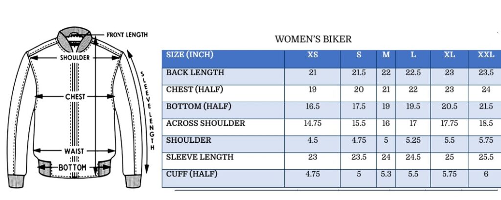 Women Bikers Leather Jacket Size Chart