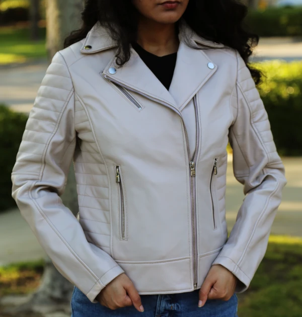 Women Leather Jacket Beige