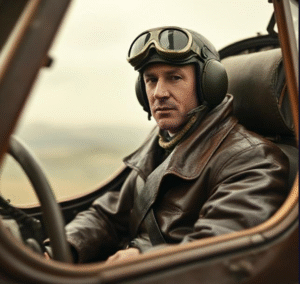 Vintage WWI pilot in open cockpit wearing leather coat