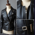 Classic Perfecto-style biker jacket on mannequin; detail shots of asymmetrical zipper and hardware