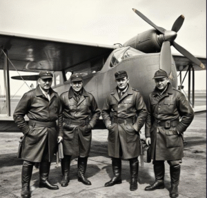WWI aviators in leather flight coats with their aircraft