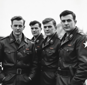 WWII bomber crew wearing B-3 or A-2 jackets; military personnel with squadron insignia on jackets
