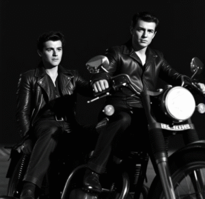 Iconic still from "The Wild One" with Marlon Brando on motorcycle; James Dean in leather jacket